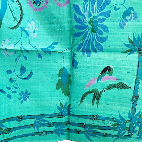 Green Blue Thai Silk Scarf 35” Floral Bird Bamboo - Picture 7 of 12